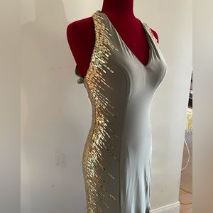 Sexy & stunning sage/army green halter style evening gown w/ gold sequin sides